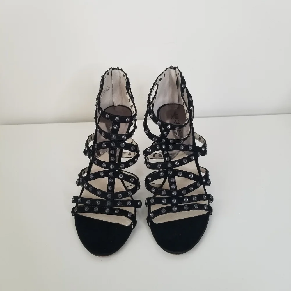 Michael Michael Kors Maddie Jeweled T-Strap Suede Peep Toe Heels Black Size 9